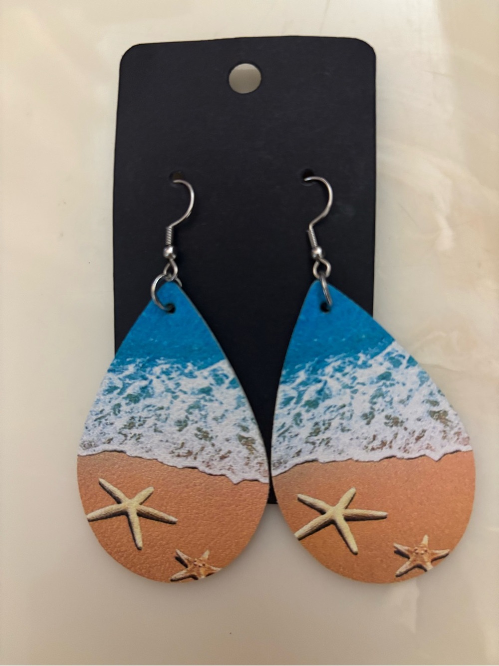 Beach Wave Teardrop Starfish Earrings - Blue and Tan